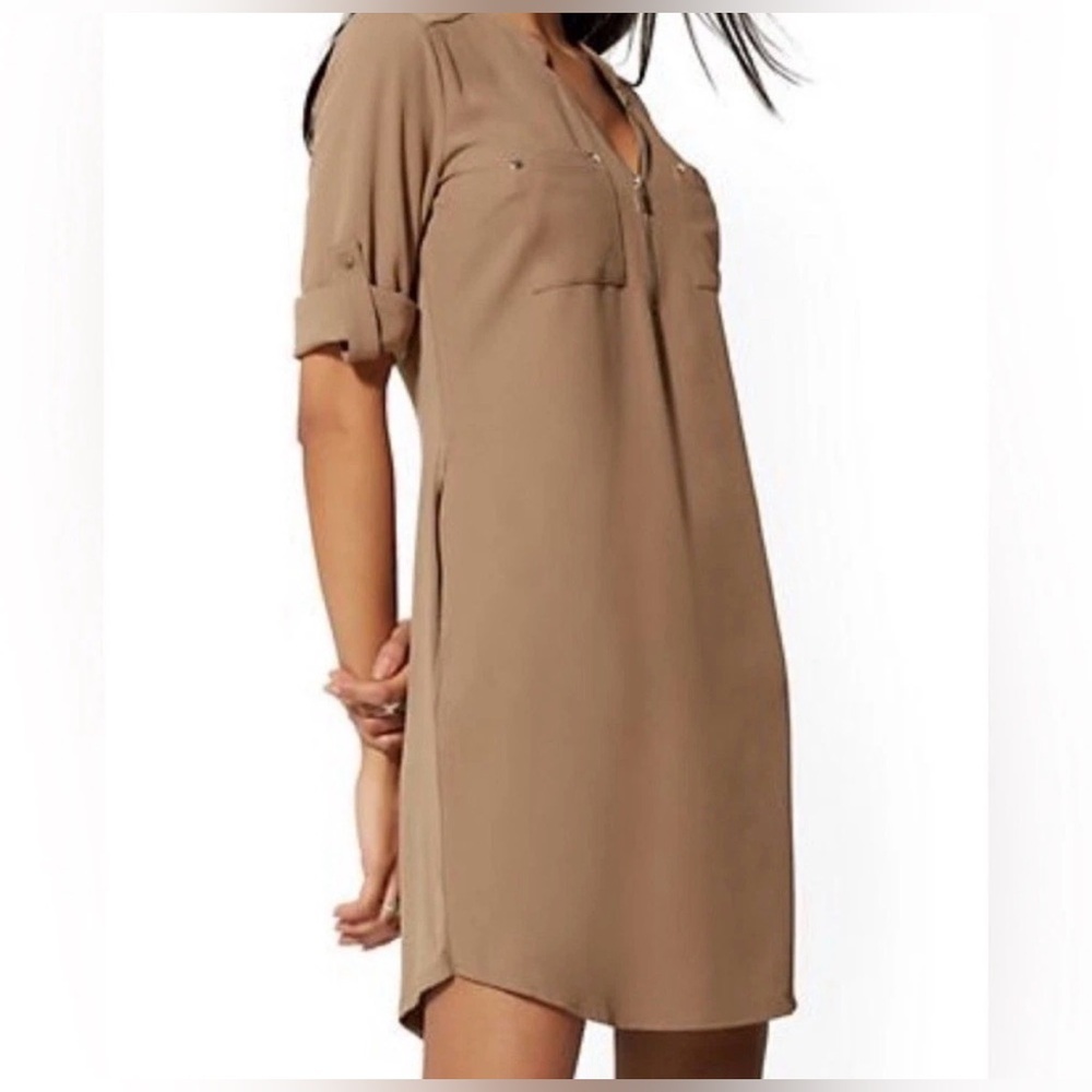 NY&CO tan minimalist professional effortless corporate casual chic dress NWT SM